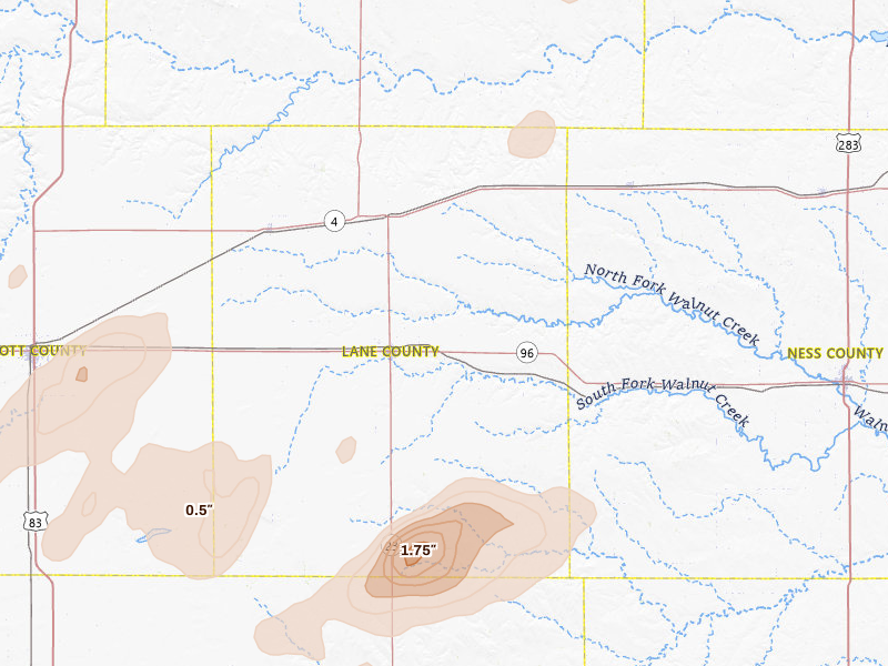 Radar-estimated hail-size map of the storm over Dighton, KS on Jun 24, 2026