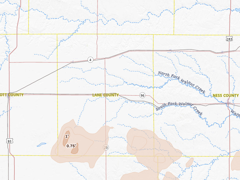 Radar-estimated hail-size map of the storm over Dighton, KS on Jun 25, 2026