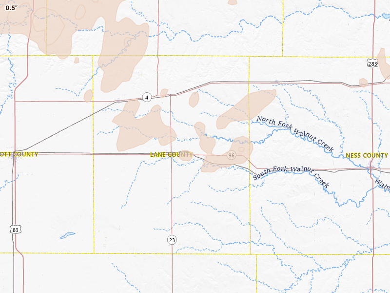 Radar-estimated hail-size map of the storm over Dighton, KS on Jul 3, 2026
