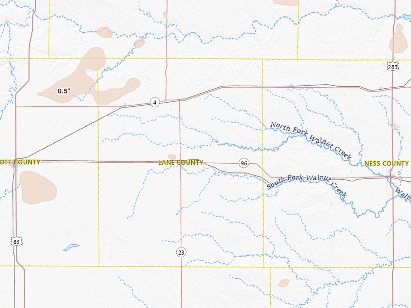 Radar-estimated hail-size map of the storm over Dighton, KS on Jul 9, 2026