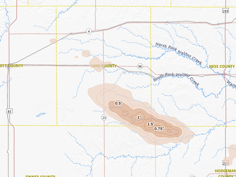 Radar-estimated hail-size map of the storm over Dighton, KS on Aug 5, 2026
