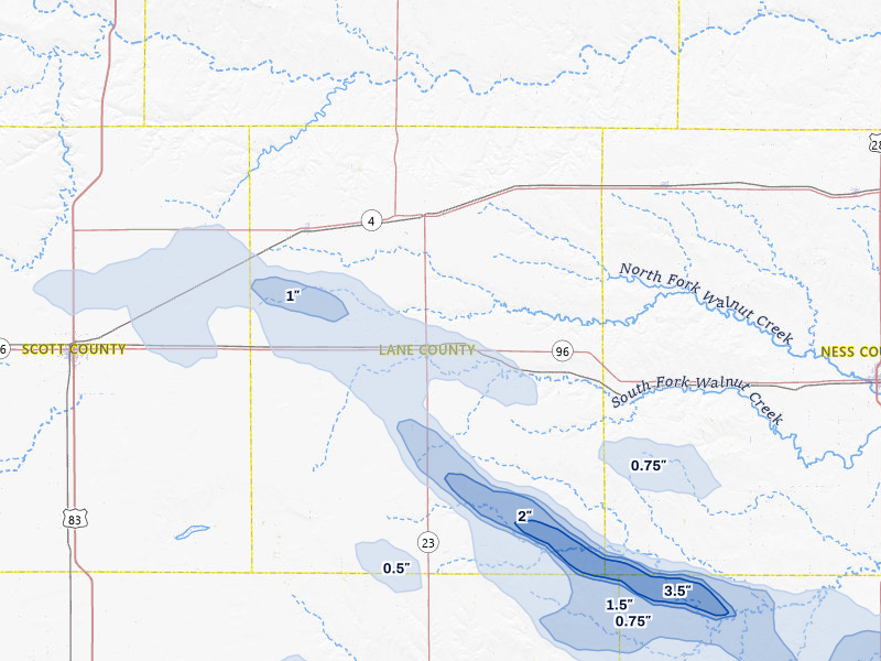 NEXRAD radar-signature map of the hail storm over Dighton, KS on Aug 5, 2026