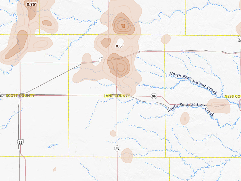 Radar-estimated hail-size map of the storm over Dighton, KS on Aug 13, 2026