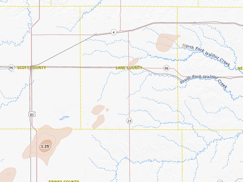 Radar-estimated hail-size map of the storm over Dighton, KS on Aug 15, 2026