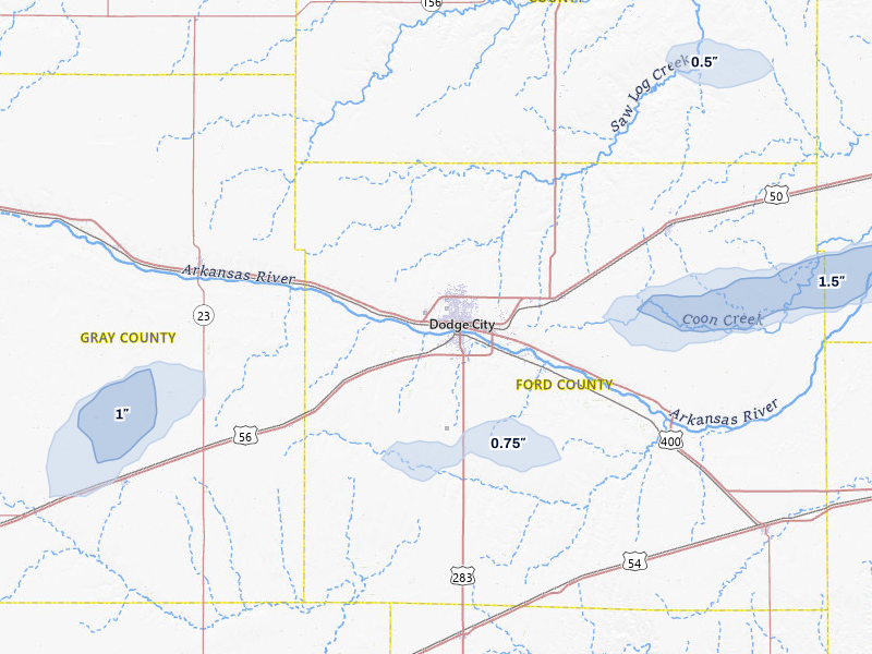NEXRAD radar-signature map of the hail storm over Dodge City, KS on Apr 9, 2026