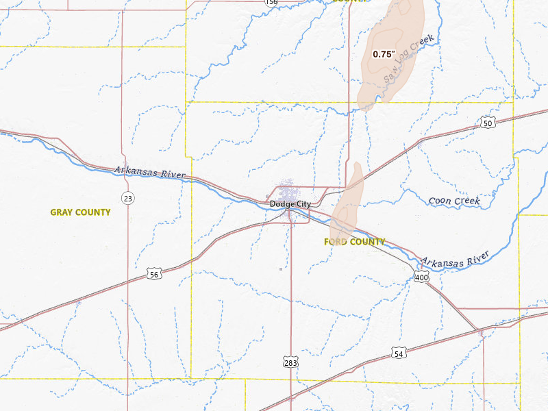 Radar-estimated hail-size map of the storm over Dodge City, KS on May 30, 2026