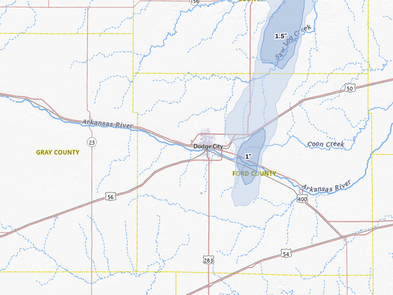 NEXRAD radar-signature map of the hail storm over Dodge City, KS on May 30, 2026