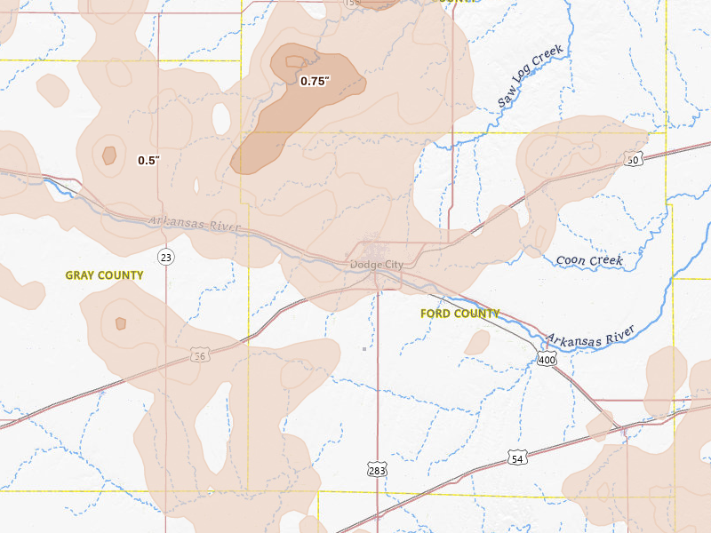 Radar-estimated hail-size map of the storm over Dodge City, KS on Jun 1, 2026