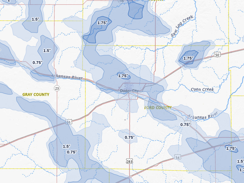 NEXRAD radar-signature map of the hail storm over Dodge City, KS on Jun 1, 2026