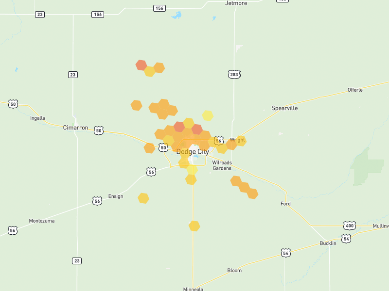 Hail map of Dodge City, KS on Jun 2, 2026, hail up to 1.75"