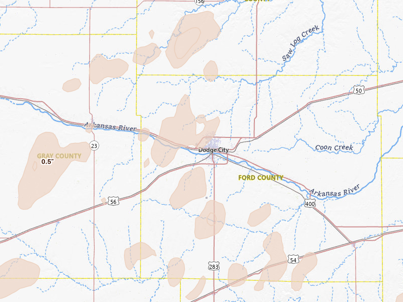 Radar-estimated hail-size map of the storm over Dodge City, KS on Jun 9, 2026