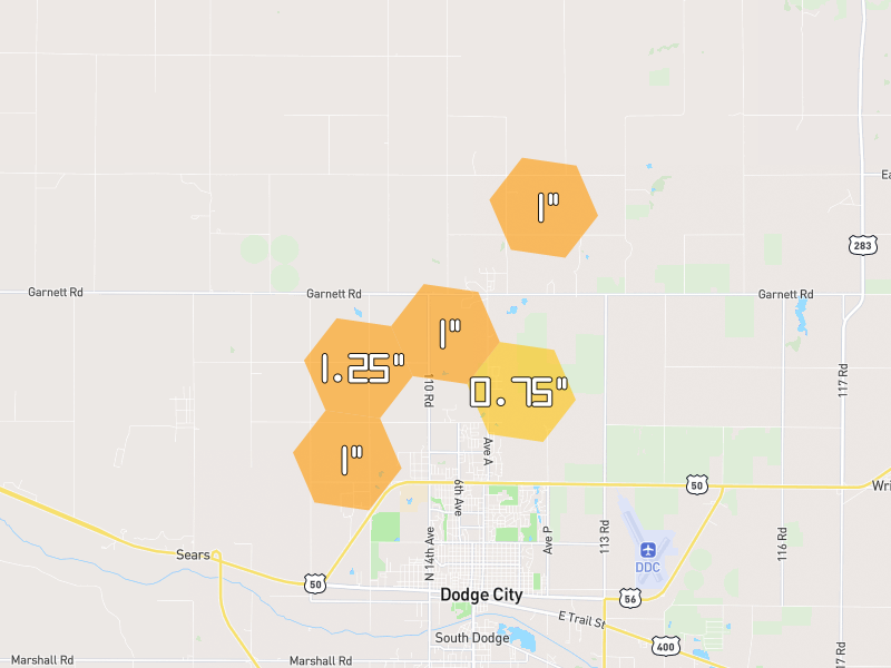 Hail map of Dodge City, KS on Jun 9, 2026, hail up to 1.25"