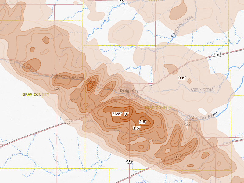 Radar-estimated hail-size map of the storm over Dodge City, KS on Jun 20, 2026