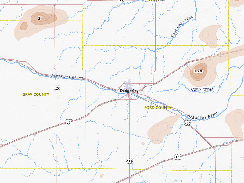 Radar-estimated hail-size map of the storm over Dodge City, KS on Jul 9, 2026