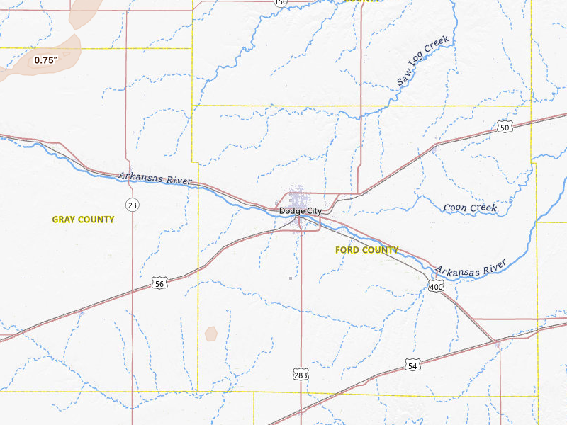 Radar-estimated hail-size map of the storm over Dodge City, KS on Jul 10, 2026