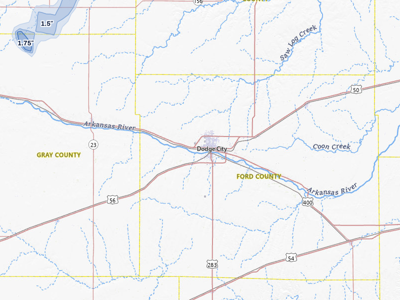 NEXRAD radar-signature map of the hail storm over Dodge City, KS on Jul 10, 2026