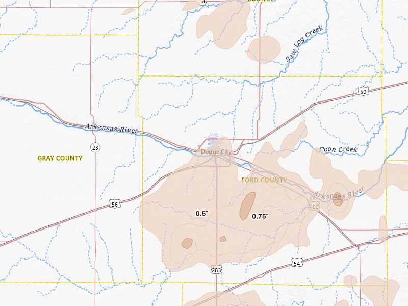 Radar-estimated hail-size map of the storm over Dodge City, KS on Jul 23, 2026