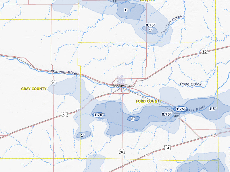 NEXRAD radar-signature map of the hail storm over Dodge City, KS on Jul 23, 2026