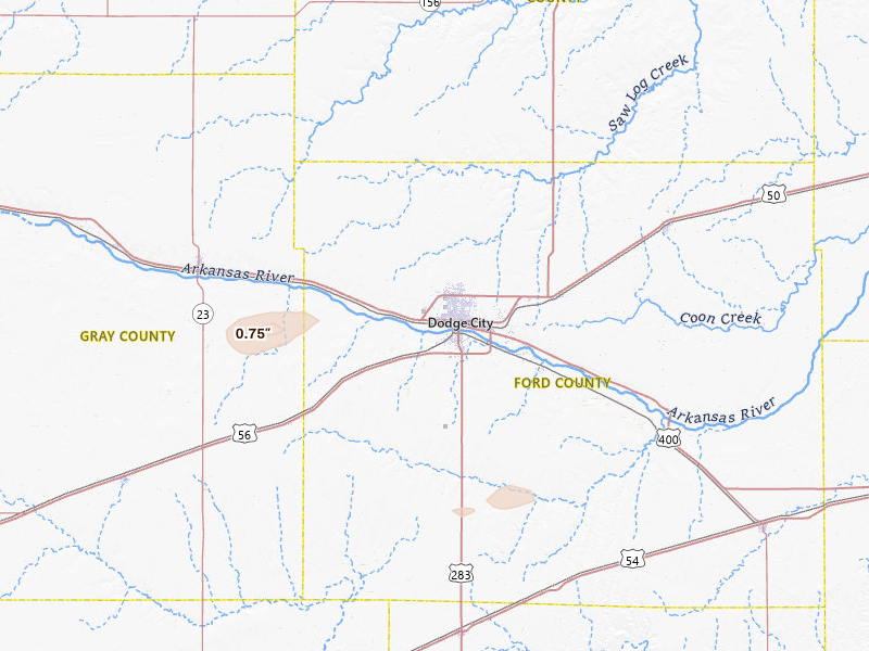 Radar-estimated hail-size map of the storm over Dodge City, KS on Jul 30, 2026