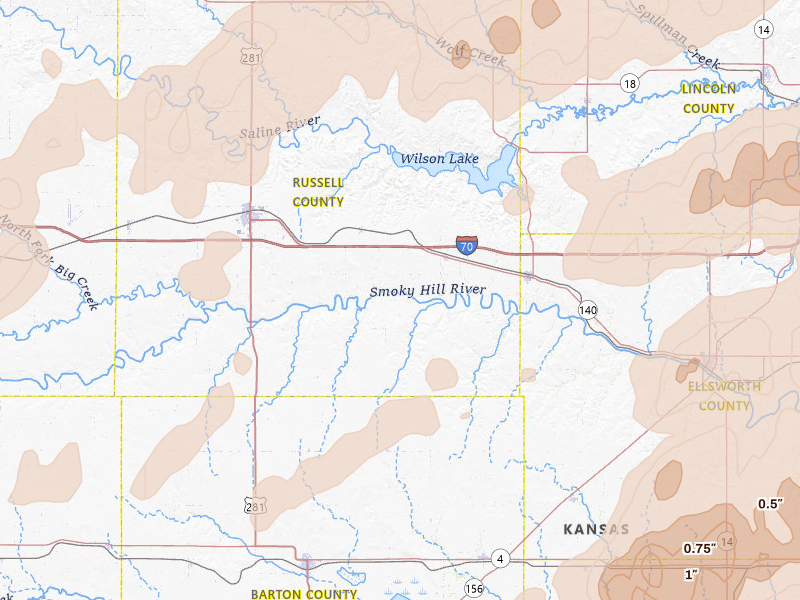 Radar-estimated hail-size map of the storm over Dorrance, KS on Apr 26, 2026