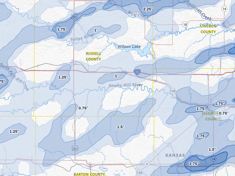 NEXRAD radar-signature map of the hail over Dorrance, KS