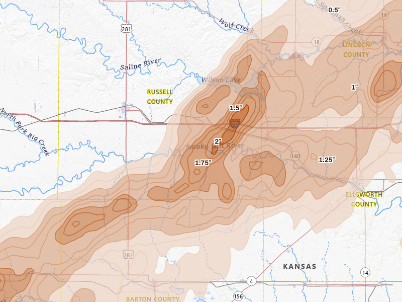 Radar-estimated hail-size map of the storm over Dorrance, KS on May 17, 2026