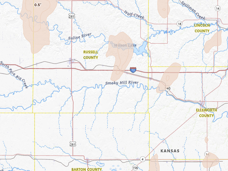Radar-estimated hail-size map of the storm over Dorrance, KS on May 29, 2026