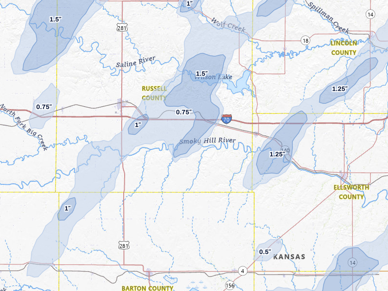 NEXRAD radar-signature map of the hail storm over Dorrance, KS on May 29, 2026