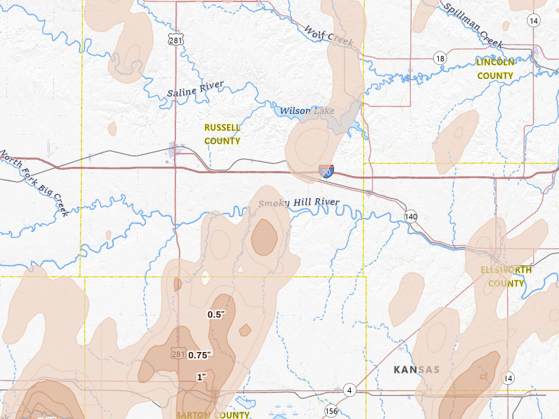 Radar-estimated hail-size map of the storm over Dorrance, KS on May 30, 2026