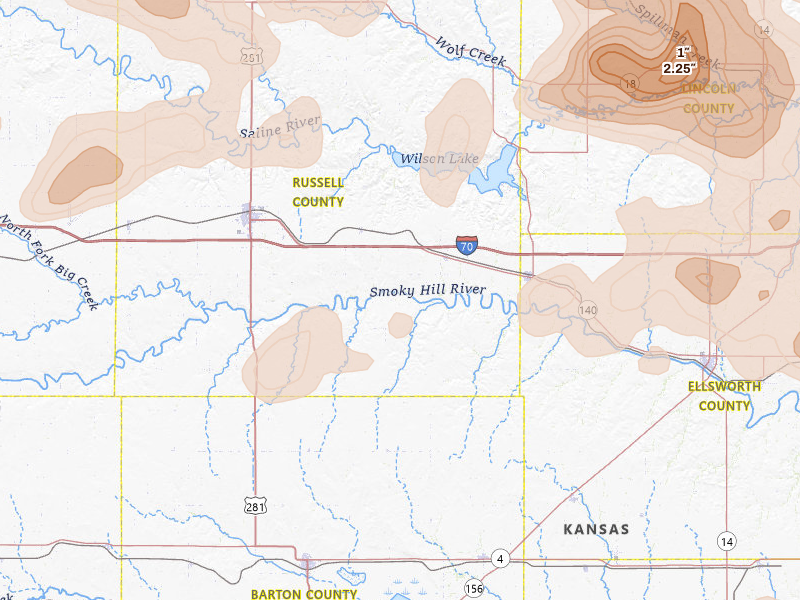 Radar-estimated hail-size map of the storm over Dorrance, KS on Jun 8, 2026