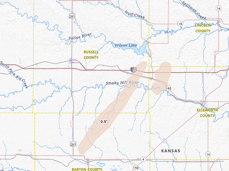 Radar-estimated hail-size map of the storm over Dorrance, KS on Jun 9, 2026
