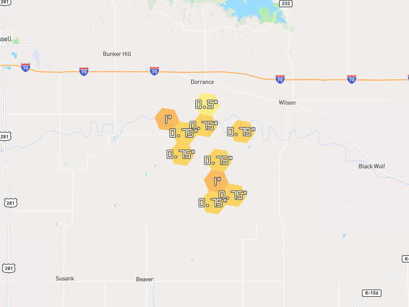 Hail map of Dorrance, KS on Jun 9, 2026, hail up to 1"