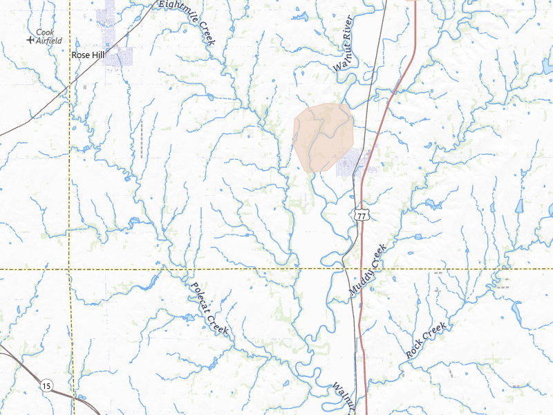 Radar-estimated hail-size map of the storm over Douglass, KS on Mar 6, 2026