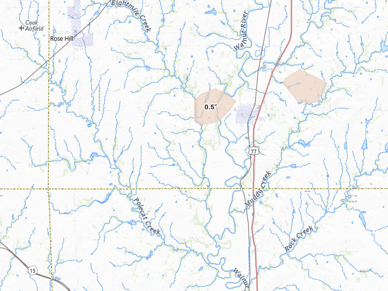 Radar-estimated hail-size map of the storm over Douglass, KS on Mar 10, 2026
