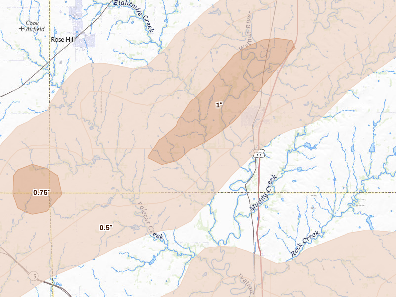 Radar-estimated hail-size map of the storm over Douglass, KS on Apr 17, 2026