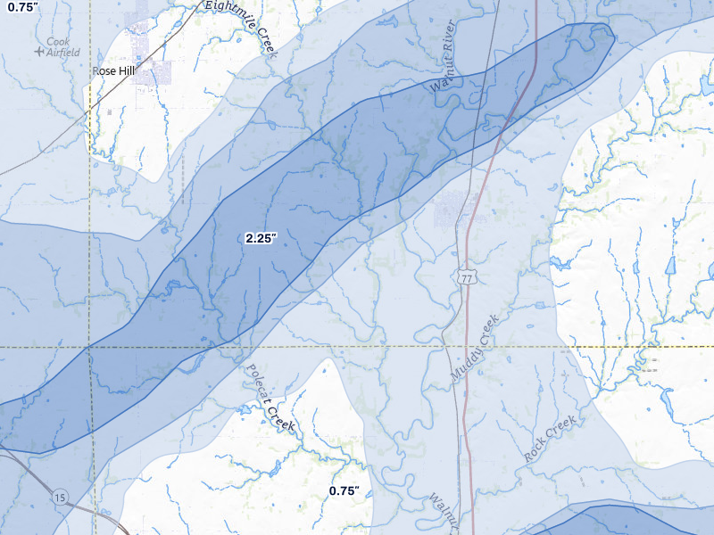 NEXRAD radar-signature map of the hail over Douglass, KS