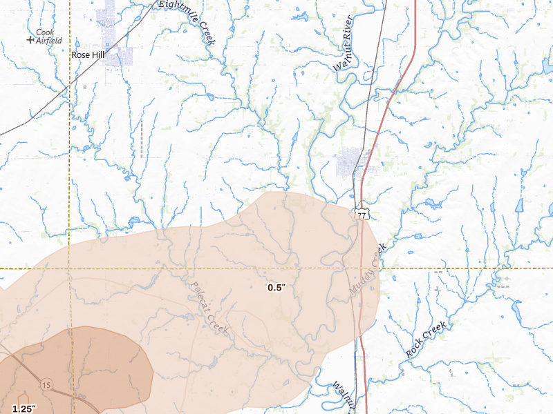 Radar-estimated hail-size map of the storm over Douglass, KS on May 18, 2026
