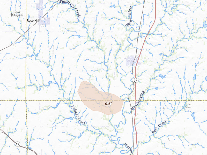 Radar-estimated hail-size map of the storm over Douglass, KS on Jun 16, 2026