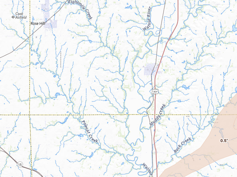 Radar-estimated hail-size map of the storm over Douglass, KS on Jun 17, 2026
