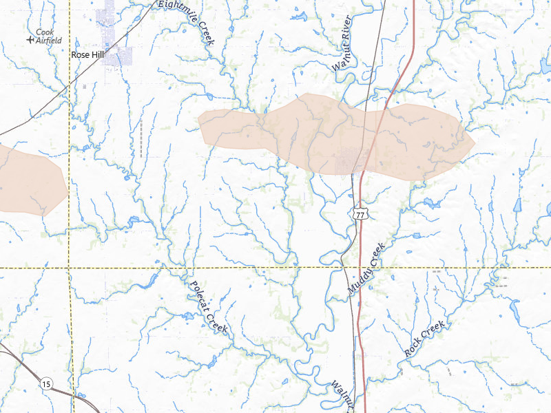 Radar-estimated hail-size map of the storm over Douglass, KS on Jun 18, 2026