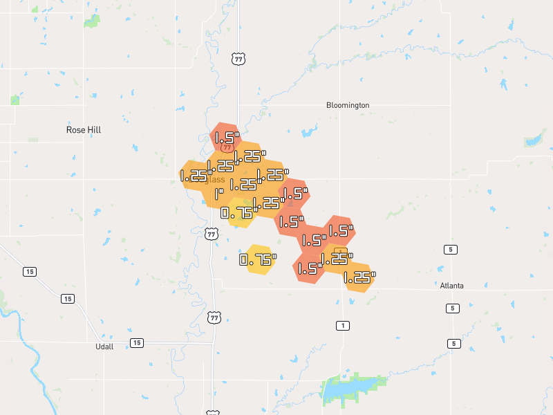 Hail map of Douglass, KS on Jun 26, 2026, hail up to 1.5"