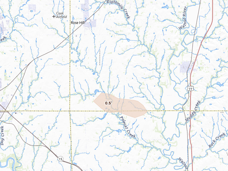 Radar-estimated hail-size map of the storm over Douglass, KS on Aug 7, 2026
