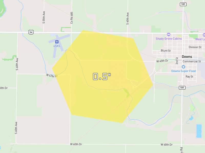 Hail map of Downs, KS on Jun 3, 2026, hail up to 0.5"