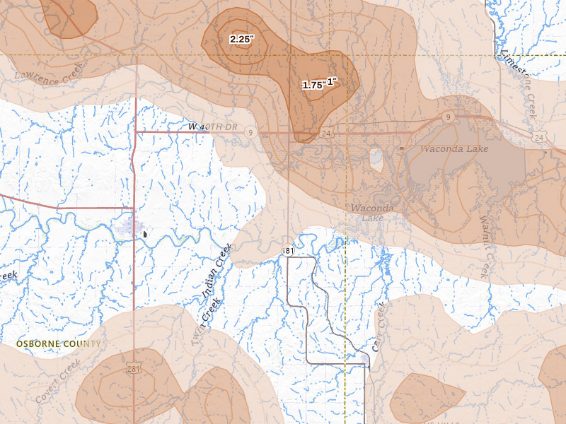 Radar-estimated hail-size map of the storm over Downs, KS on Jun 8, 2026