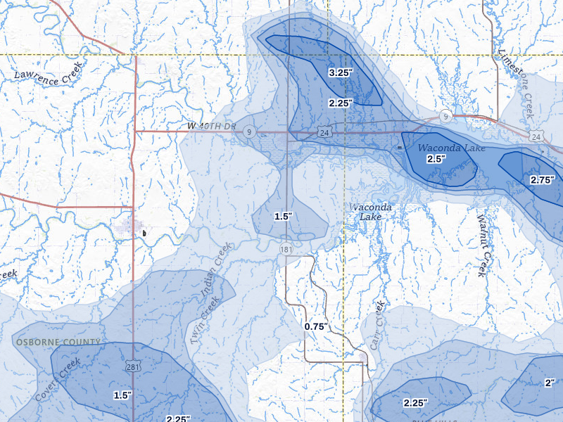 NEXRAD radar-signature map of the hail storm over Downs, KS on Jun 8, 2026