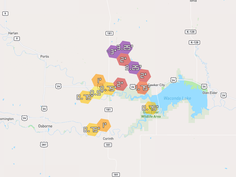 Hail map of Downs, KS on Jun 9, 2026, hail up to 3.25"