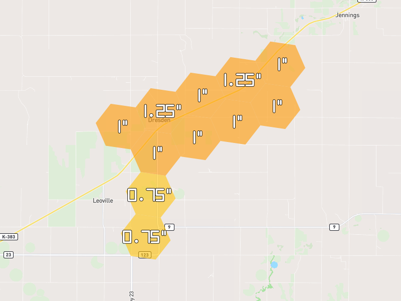 Hail map of Dresden, KS on Jul 2, 2026, hail up to 1.25"