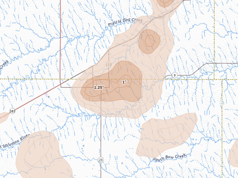 Radar-estimated hail-size map of the storm over Dresden, KS on Aug 13, 2026