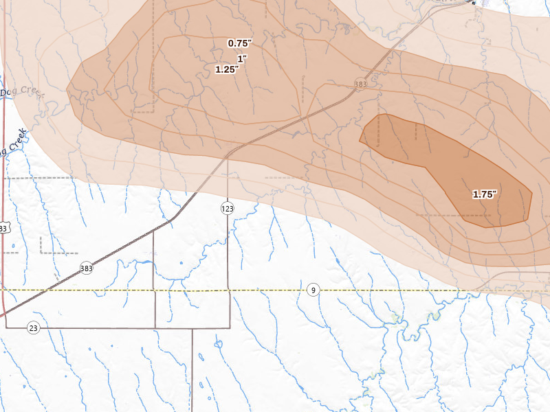Radar-estimated hail-size map of the storm over Dresden, KS on Aug 25, 2026