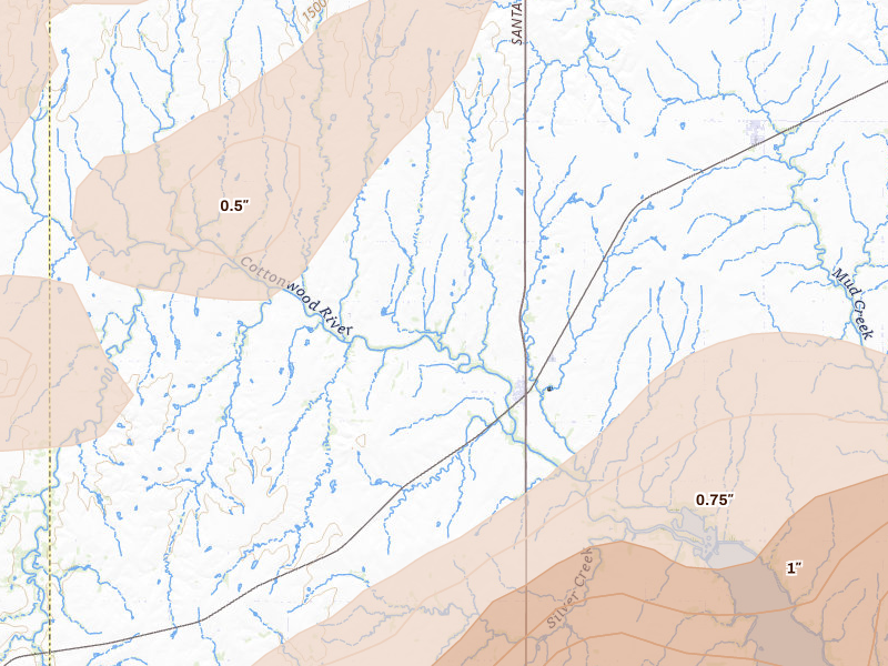 Radar-estimated hail-size map of the storm over Durham, KS on Apr 23, 2026